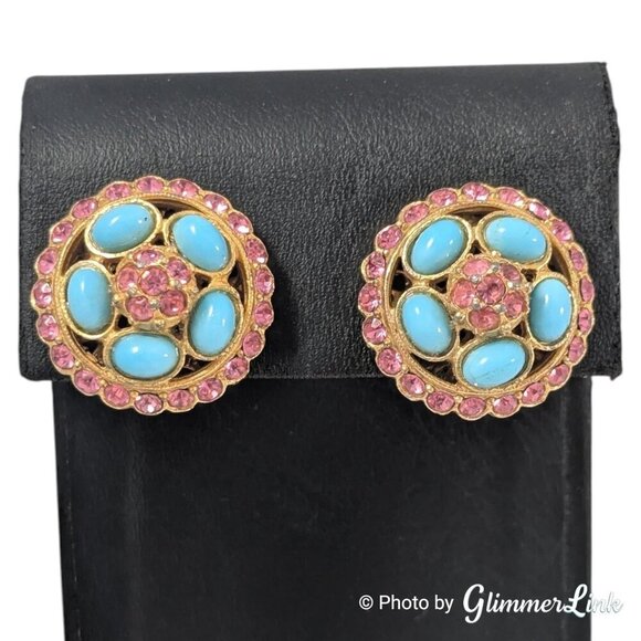 Vintage Pink Rhinestone Blue Cabochon Round Gold Tone Clip On Earrings - Picture 3 of 11
